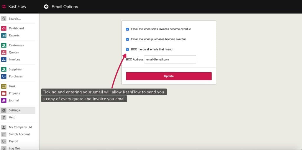 Email Options - Knowledge Base - IRIS KashFlow
